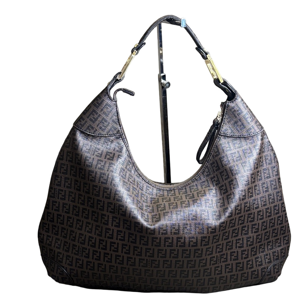 Authentic Fendi Dark Brown Zucchino FF Logo Hobo Bag with Gold-Tone Accents